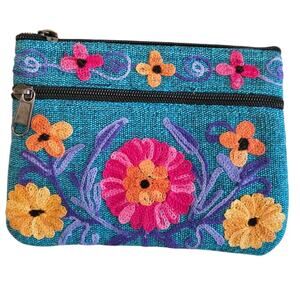 Handmade Embroidered Floral Coin‎ Purse Teal Boho Fair Trade Nepal Zip Pouch
